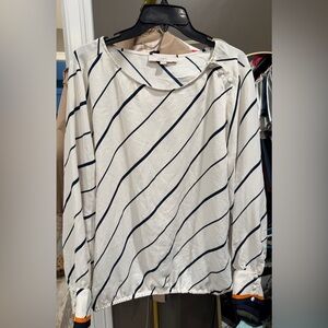 LOFT Women's White and Navy Striped Top XL